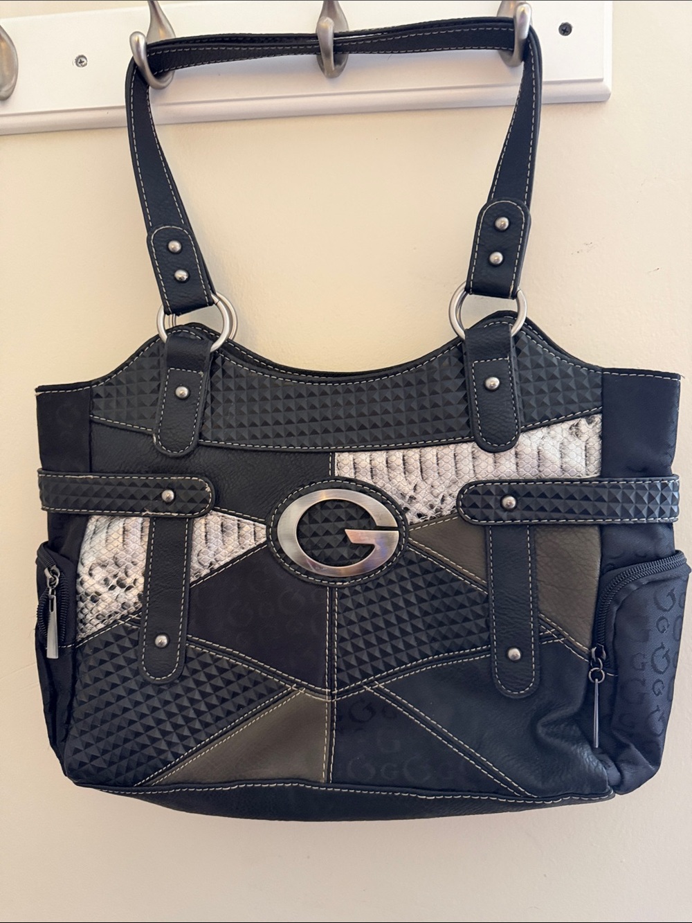 Guess Y2K Black Patchwork Tote with Silver Accent